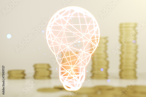 Double exposure of creative light bulb hologram on growing stacks of coins background, research and development concept