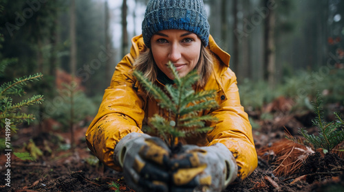 A woman plants a tree in the middle of the