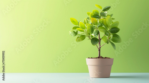 Potted plant with green leaves on green plain background