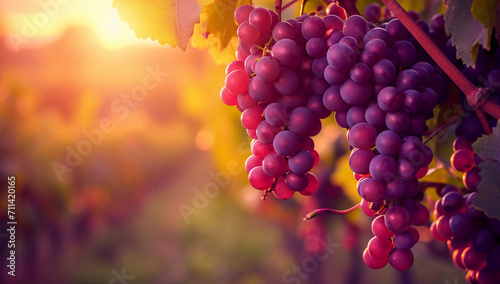 Bunches of grapes on a vine in vineyard