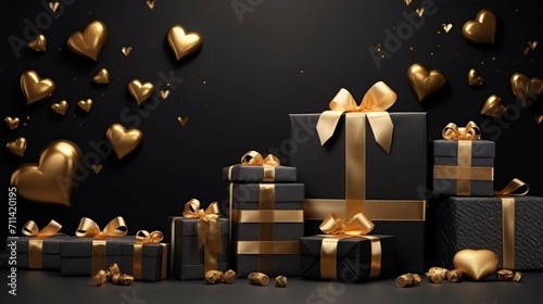 Valentine gift boxes composition with elegant black and gold elements. Luxury festive decor on a dark background. Modern design for love cards, invitations, and posters. Generative AI.