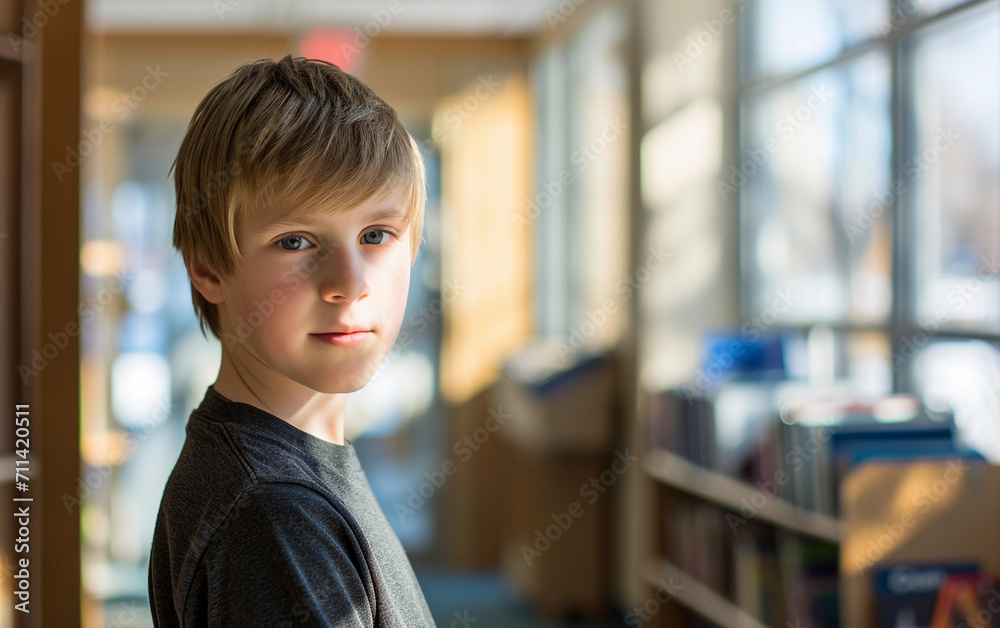 Young boy looking at camera in a class studying Young boy looking at camera in a class studying