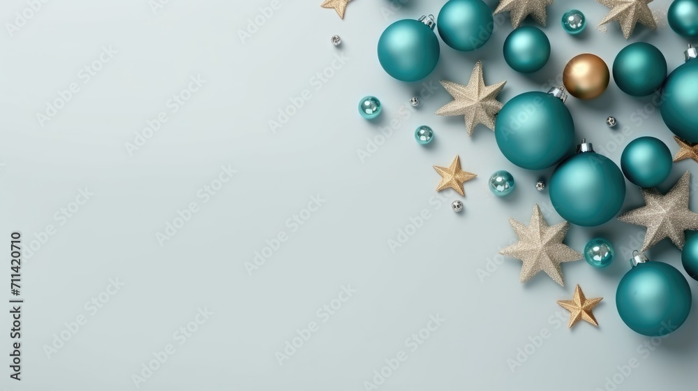 Christmas flat lay composition with elegant blue and gold elements. Luxury festive decor on white background. Modern design for holiday cards, invitations, and posters. Generative AI. Christmas flat lay composition with elegant blue and gold elements. Luxury festive decor on white background. Modern design for holiday cards, invitations, and posters. Generative AI.