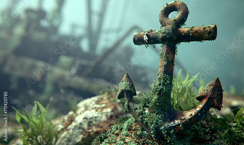 Sunken rusty anchor on the ocean floor. Anchor from a pirate ship. photo