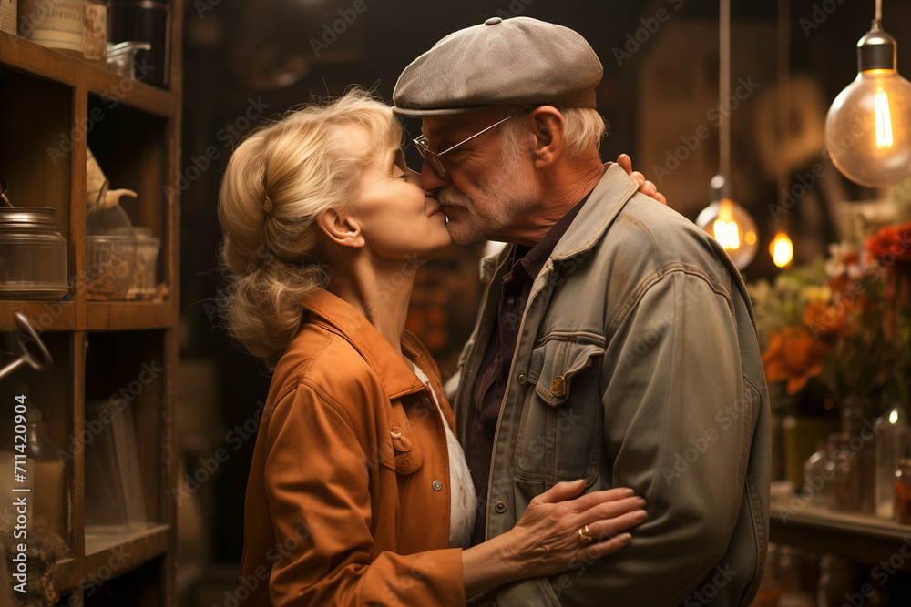 Fototapeta premium Elderly Couple in Love, Crafting Handmade Keepsakes in a Cozy Workshop, Symbolizing the Craftsmanship, Valentine's Day Date