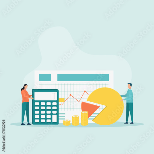Accountants business people with calculator, reporting on spreadsheets, accounting and financial audit, calculating budget, profit and loss. Drawing up a report schedule.
