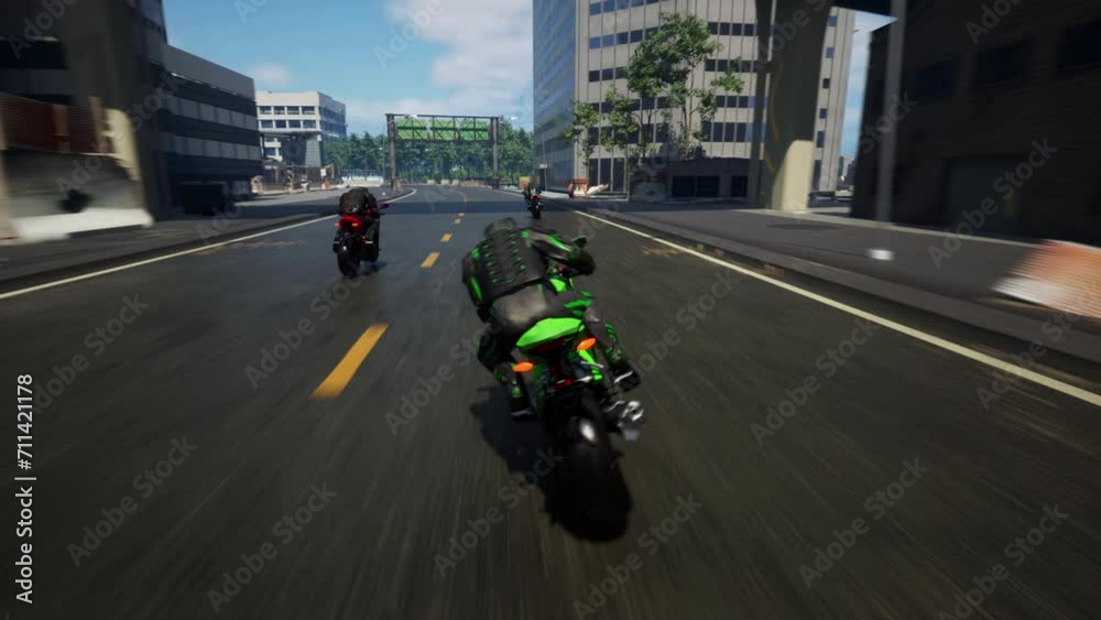 Virtual driver controlling the high speed motorcycle on the digital racing track. Driver riding the speedy sports motorcycle in the simulator mission. Driver overtaking opponents on speedy motorcycle. Virtual driver controlling the high speed motorcycle on the digital racing track. Driver riding the speedy sports motorcycle in the simulator mission. Driver overtaking opponents on speedy motorcycle.