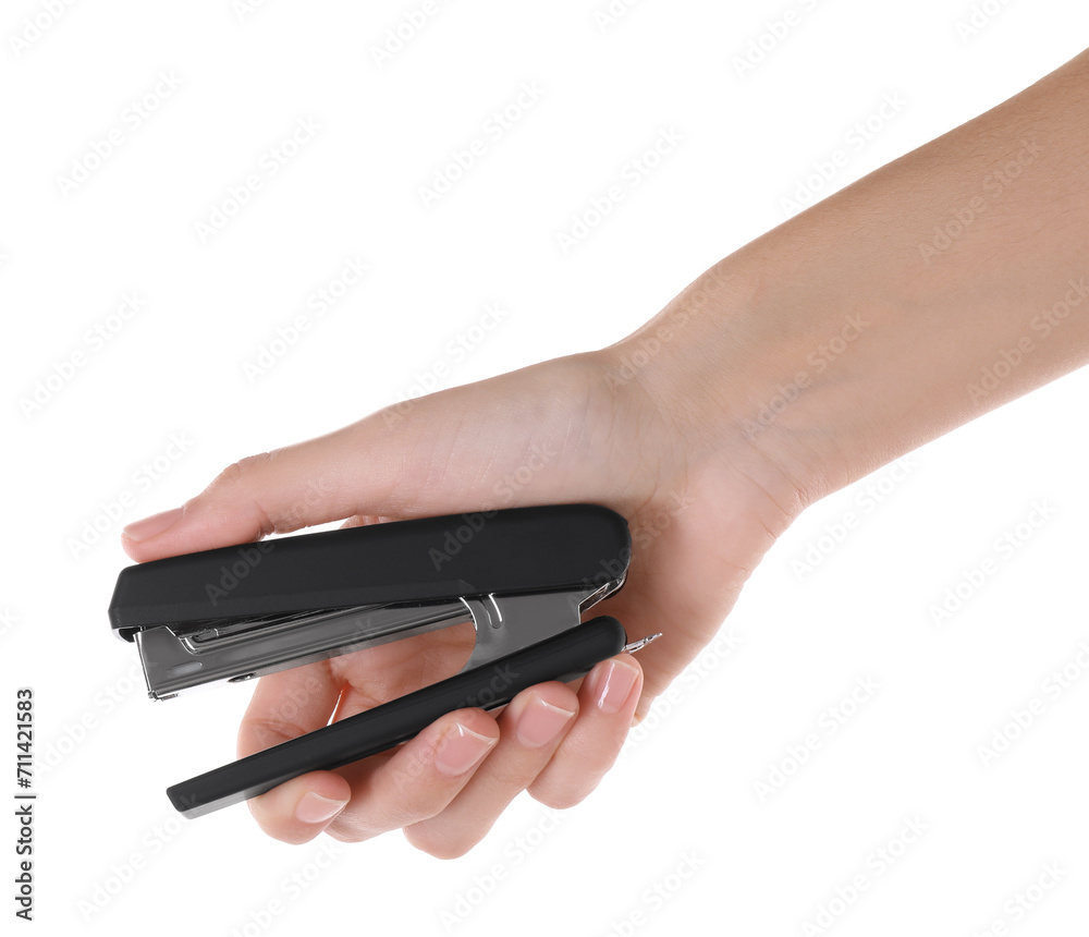 Woman holding black stapler on white background, closeup Woman holding black stapler on white background, closeup
