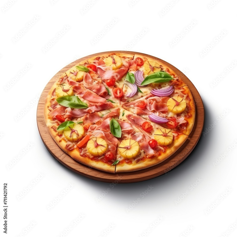 Delicious pizza served on wooden plate isolated on white
