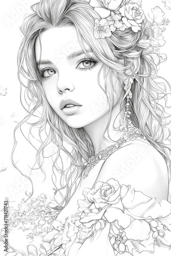 beautiful young woman portraits, faces, flowers on a white background. coloring book for adults
