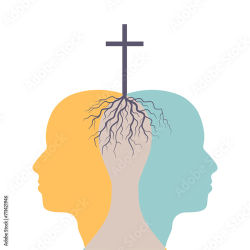 Christian cross rooted in heads. Christianity concept illustration.