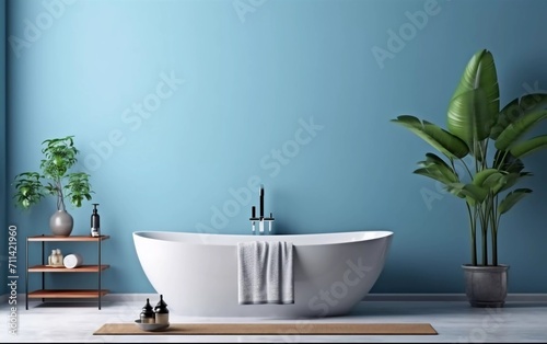 realistic photo Stylish bathroom interior with modern bathtub  ornamental plants and beautiful decoration  with blue walls. generative ai