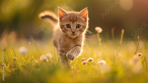 an adorable kitten running down a meadow