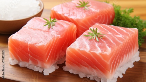 Fresh Sushi Ingredients. Close-Up of Fish, Ice Cube, Water Droplets, Rice, and Seaweed