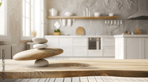 Wooden vintage table or shelf with stone balance, over blurred scandinavian kitchen. AI Generative photo