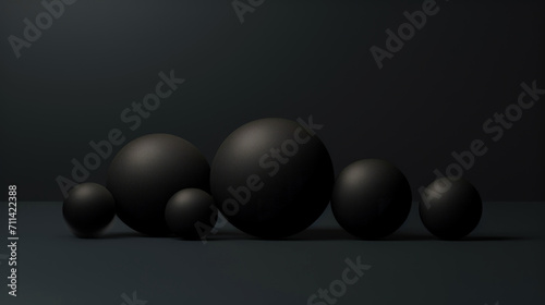 3D black matte spheres of different sizes and transparency. Dark colour palette. Abstract background. Generative AI