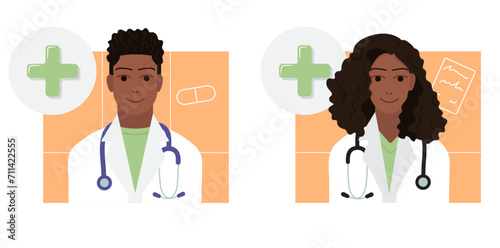 Nice male and female black doctor with stethoscope and white coat, green clothing on orange background for icons, profile, apps, wallpapers, posters
