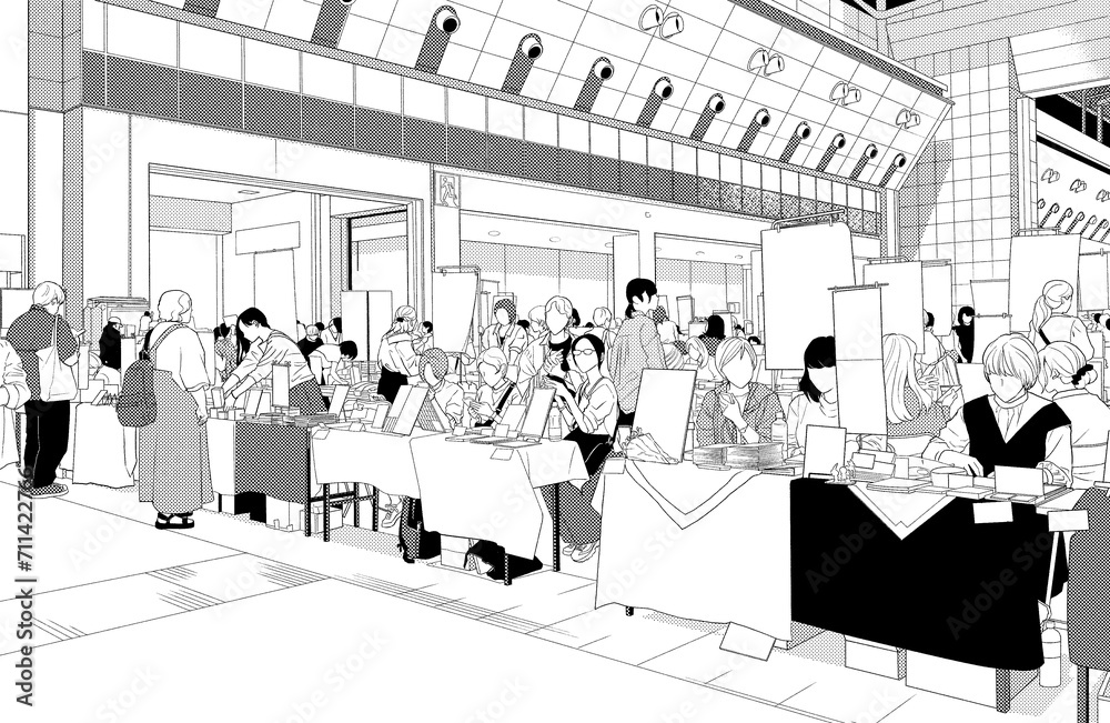 Obraz premium 漫画風ペン画イラスト アミューズメント施設_即売会場