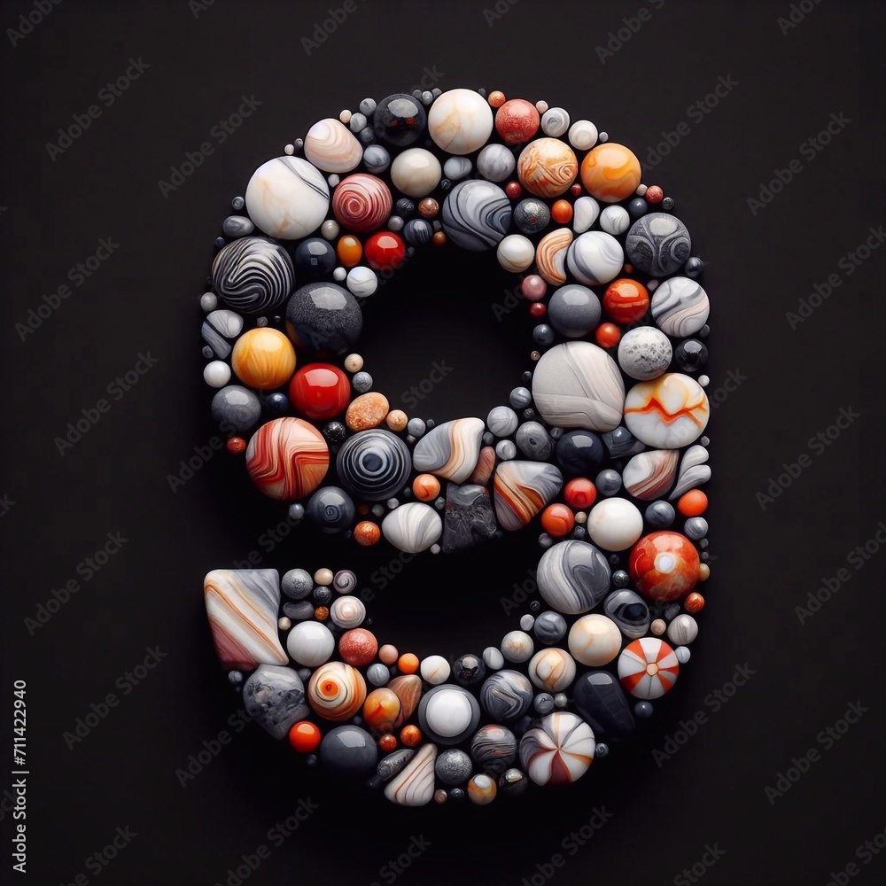 9 digit shape made of marble pebbles. AI generated illustration