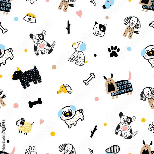 Cute doggie. Funny children's seamless pattern. Can be used in textile industry, paper, background, scrapbooking.Vector.
