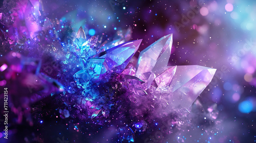 Crystalized Galaxy: An abstract background inspired by crystalline structures and celestial bodies, featuring iridescent hues of purple, blue, and silver, creating a cosmic vibe