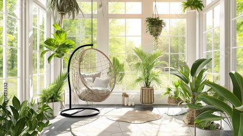 Interior Design Mock-up of a Sunroom: Peaceful with large windows, a hanging chair, and a variety of green plants