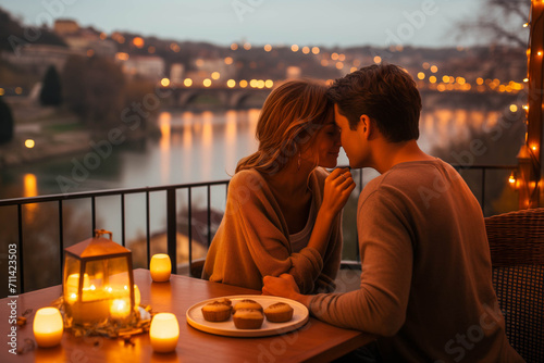 Romantic Date Outdoors on a Terrace for Couples in Love, A Symphony of Love Unfolds as a Couple Enjoys a Night of Romantic Date
