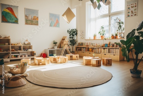 Beautiful and bright children's room with montessori wooden educational materials. Nursery school indoors in classroom, montessori learning. photo