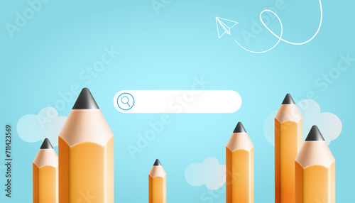 Minimal background for online education concept. Search bar with pencils, paper airplane and white cloud on blue background. Vector illustration photo