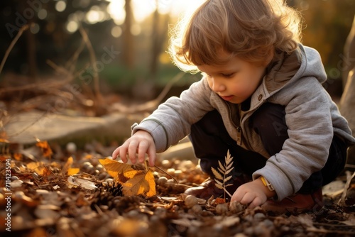 Close up of a toodler boy looking at leaves , montessori natural learning homeschool education, Plant pathology
