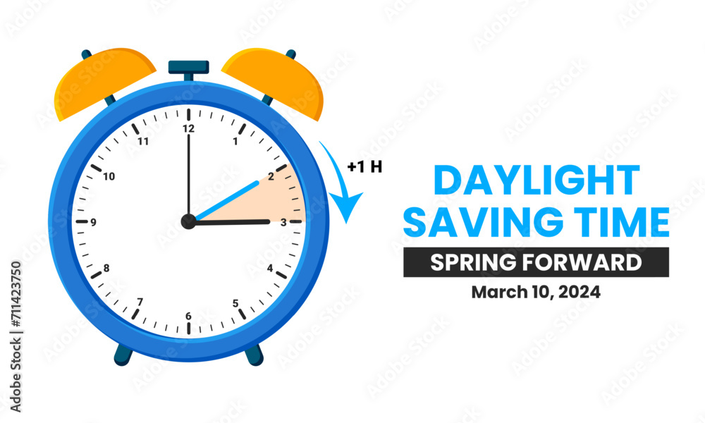 Daylight Saving Time Begins. The clock turns one hour on March 10, 2024. Spring forward concept banner. Vector illustration - obrazy, fototapety, plakaty 