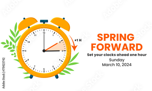 The concept of daylight saving time. Clocks are set one hour ahead. Spring forward, summer time web banner. Vector illustration photo