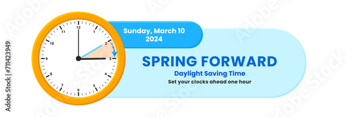 The concept of daylight saving time. Clocks are set one hour ahead. Spring forward, summer time web banner. Vector illustration