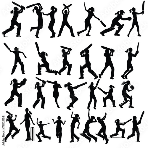 Female cricket players silhouettes collection ,Cricket silhouettes ,batting silhouettes ,bowling silhouettes