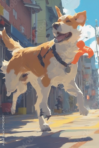 Playful Corgi Enjoying a Walk on a Busy Street