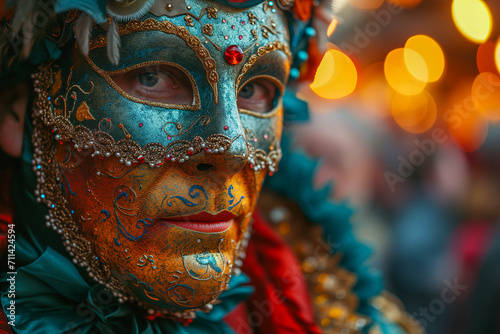 Man in Italian Carnival Costume with Mask, Entering the Whirlwind of Italian Tradition, Bedecked in Flamboyant Colors and Exquisite Masked Italian Enigma © Simn