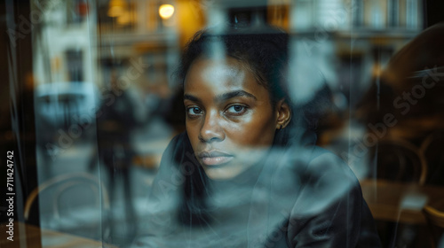 Intense portrait of a young woman with a contemplative gaze through a cafe window, reflecting an urban backdrop.