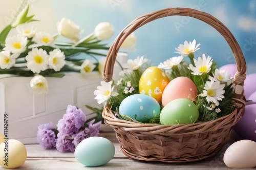 Easter eggs and flowers herbs in basket arranged on blue pale background. generative ai