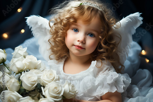 Angel Girl, a Charming Vision of Seraphic Wonder with Angel Wings, Captures the Essence of Bliss and Cutness photo