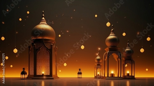 Ramadan Kareem background with lanterns and mosque. 3d illustration. Generative AI