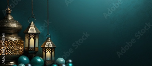 Lantern with arabic ornament. Ramadan Kareem Dark blue background. Copy space text. Generative AI.