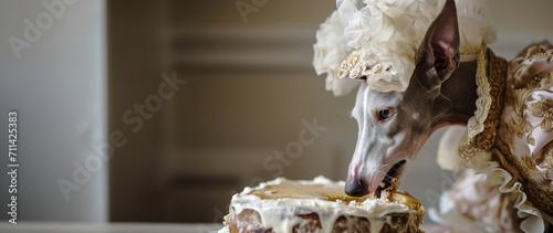 greyhound dog wearing an 18th century French style wig eats a gourmet cake photo