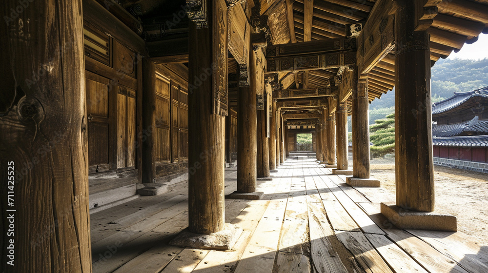 Wood floor and pillars of roof titled house at the Birthplace. AI Generative