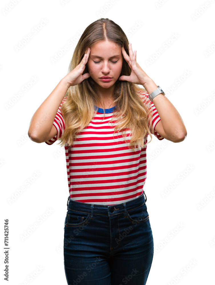 Young beautiful blonde woman over isolated background with hand on head for pain in head because stress. Suffering migraine.