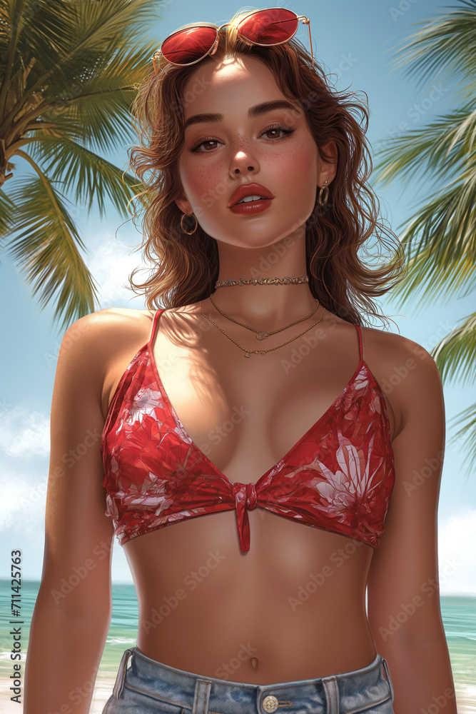 illustration of the beautiful woman on the tropical beach