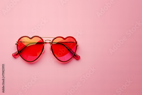  Heart shaped red sunglasses isolated on pastel pink background