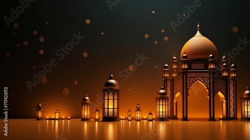 arabic mosque and lanterns of ramadan celebration background illustration.Generative AI