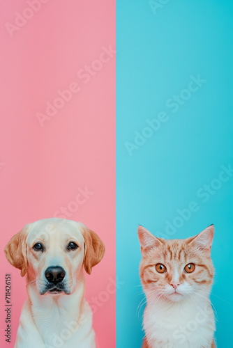 Image split on two. On one side on pastel pink background there is a dog . On another side on pastel blue background is a cat .