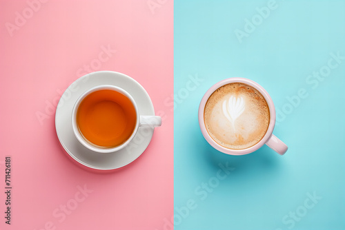 
Image split on two. On one side on pastel pink background there is a cup of tea . On another side on pastel blue background is a coffee cup. photo