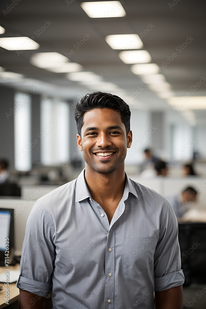 Fototapeta premium Smiling Man Standing in Office. Generative AI.